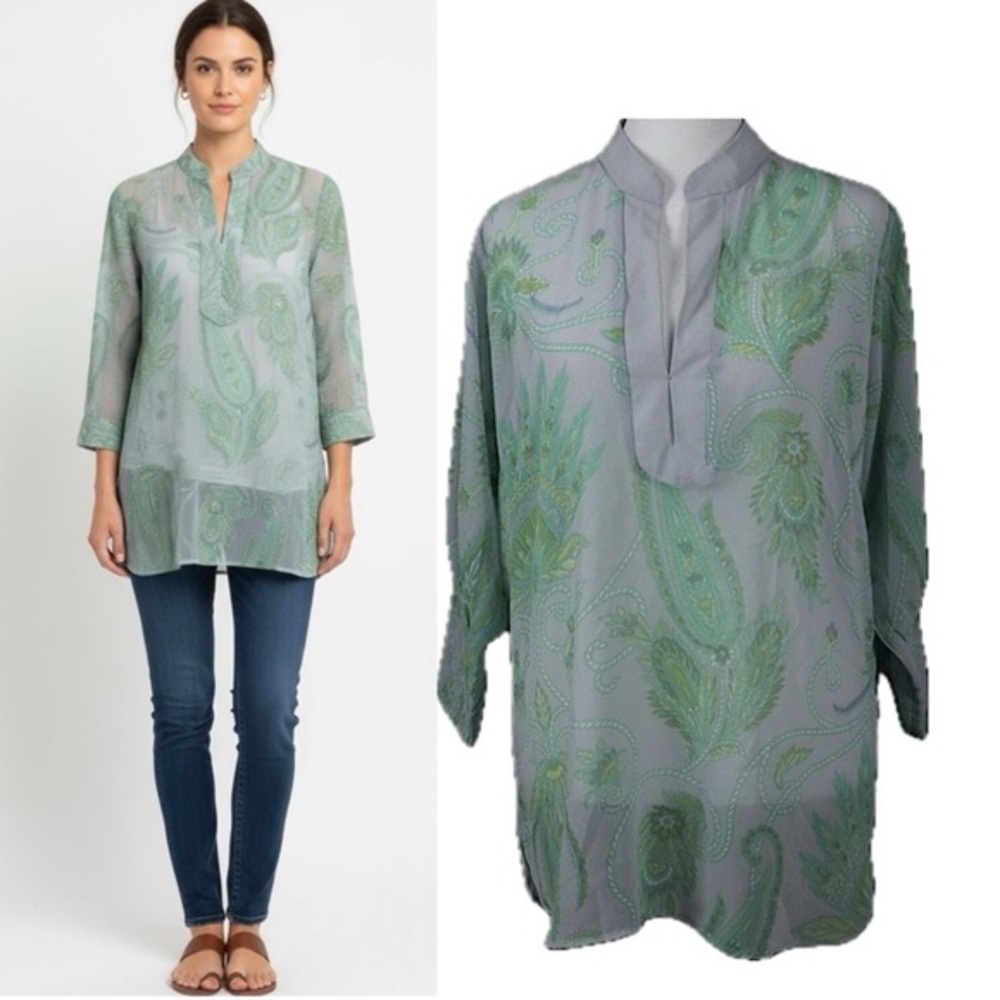 Gretchen Scott Designs Sheer Paisley Print Tunic  3/4 Sleeve Shirt Top Blouse M